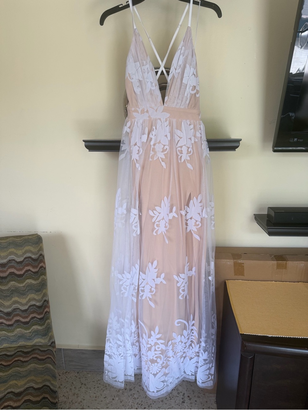 Luxxel Nude and White Strapless Floral Lace Maxi Dress